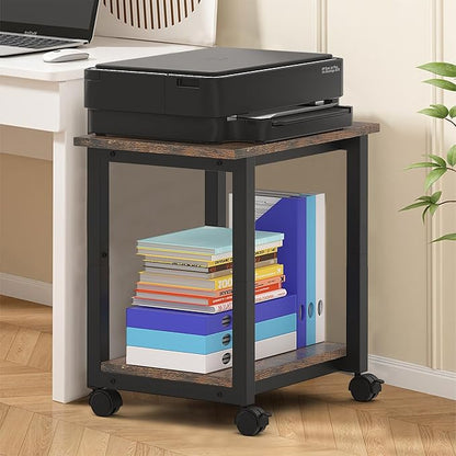 Under Desk Printer Stand, 2-Tier 19.5''x 16''x 22'' Rolling Printer Stand Storage Shelves for Printer, Scanner, Fax Machine, Files, Books with Anti-Skid Feet for Home, Office, Brown