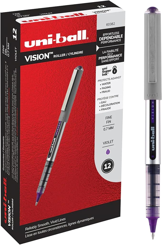 Vision Rollerball Pens, Violet Pens Pack of 12, Fine Point Pens with 0.7mm Medium Black Ink, Ink Black Pen, Pens Fine Point Smooth Writing Pens, Bulk Pens, and Office Supplies, Similar to Gel Pens