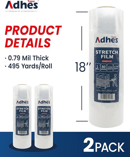 ADHES Heavy Duty Shrink Wrap Roll, 18 Inch x 1500 Feet, 2-Pack Stretch Wrap Stretch Film, 80 Gauge Industrial Strength Plastic Moving Rrap for Pallet Wrap, Furniture Wrapping Moving & Protection