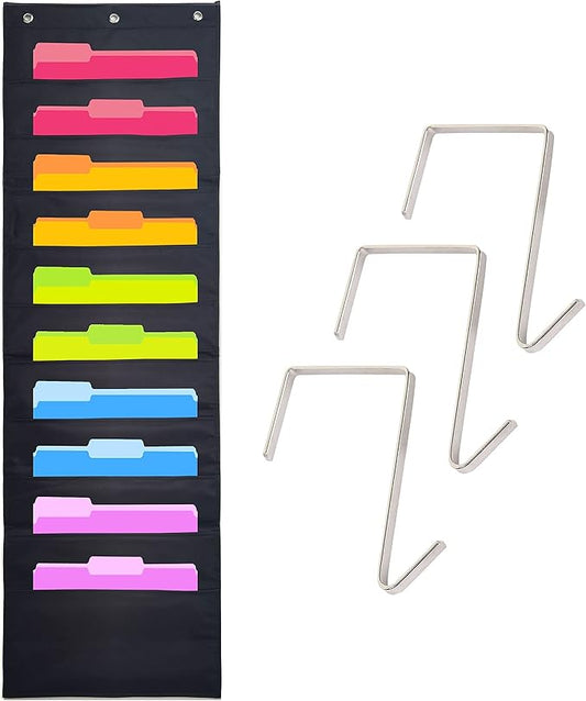 Hippo Creation Heavy Duty Storage Pocket Chart for Classroom, 10 Pocket Storage Organizer with 2 Over-Door Hangers, Hanging Wall Organizer for File Folders, School Mailbox, Home Office Papers - Black
