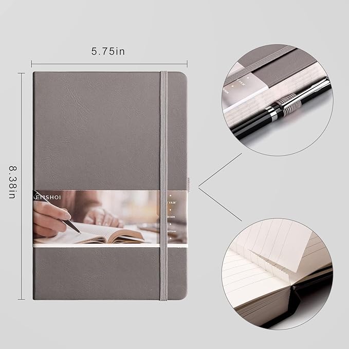 EMSHOI Lined Journaling Notebooks - 120gsm Thick Leather Journal with Sticky Notes, 256 Numbered Pages A5 Hardcover College Ruled Notebook for Work School Writing, Medium 5.75" x 8.38"-Dark Grey