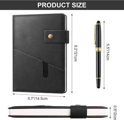 A5 Leather Journal Notebook with Pen, 200 Pages Hardcover Journal with Pocket, 100gsm Thick Lined Paper Daily Diary for Men and Women, Great Gift for Business School Travel Personal - Black