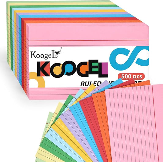 Koogel 500PCS Ruled Index Cards, 3 x 5 Inch Neon Color Flash Cards Note Cards Lined Index Cards Study Cards for School Office Learning