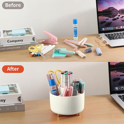 Desk Pencil Pen Holder, 5 Slots 360°Degree Rotating Pencil Pen Organizers for Desk, Desktop Storage Stationery Supplies Organizer, Cute Pencil Cup Pot for Office, School, Home, Art Supply, Beige