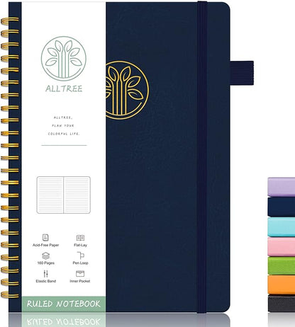 Alltree Lined Journal Notebook, Spiral Notebook for Work, Journal for Women & Men, A5 Medium, Spiral Notebook with Tabs, Pen Loop, Pocket, Stickers, 160 Pages, Navy Blue(6"x8.5")