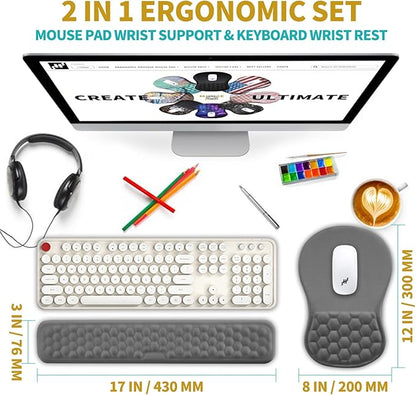 Hokafenle 2 in 1 Ergonomic Mouse Pad Wrist Support & Wrist Rest for Computer Keyboard Set, with Relieve Carpal Tunnel Pain Massage Bulge and Full Memory Gel Design (2In1 Set, Neutral Gray)