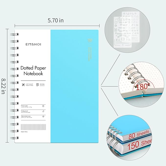 EMSHOI A5 Spiral Notebook Bullet Dotted Journal, Small 5.7" X 8.22", 300 Pages/150 Sheets, 100gsm Dot Grid Paper, Waterproof Hardcover, for Office School Women Men Work Writing Notes-Blue