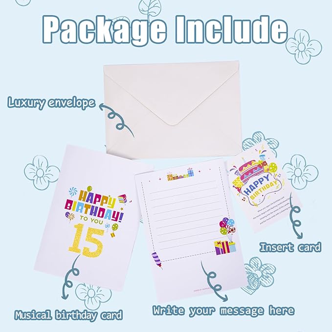 Gumry 15TH Musical Birthday PopUp Card, Blowable Colorful Light Candle 3D Cards with Song, Applause Cheers Sound, Greeting Cards Birthday Gifts Decorations for Girls Boys Turning 15 Years Old