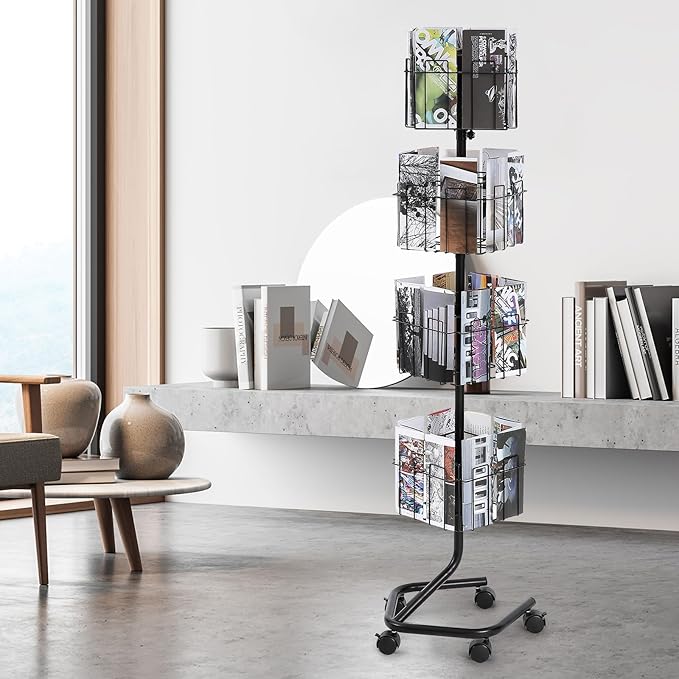 VEVOR Brochure Display Rack, 4-Tier 32 Pockets Rotating Magazine Literature Display Stand for Postcards, 360° Spinning Greeting Cards Rack with 5 Wheels (2 Lockable) for Shop Exhibitions Office