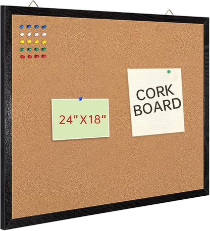 Cork Board Notice Board, 24" X 18“ Decorative Hanging Pin Board for Wall with Black Wood Frame, 50 Push Pins Included………