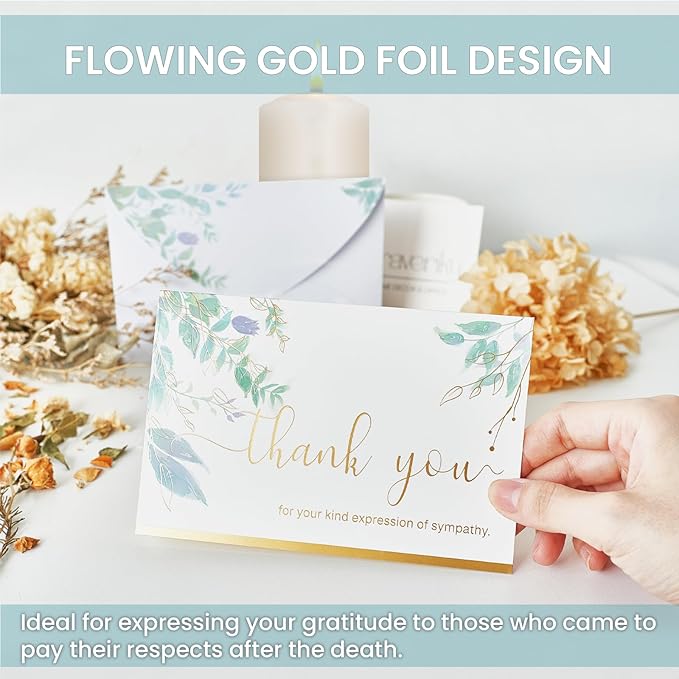 50 Pack Funeral Thank You Cards with Envelopes & Stickers, Watercolor Thank You Sympathy Cards for Funeral with Meaningful Message, Bereavement Card for Memorial Service, Funeral