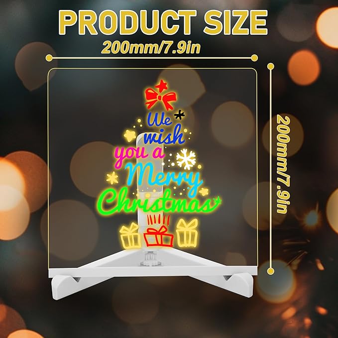 LED Note Board with Colors,LED Drawing Pad with 7 Color Pen,Light Up Acrylic Message Board with Adjustable Stand,Acrylic Dry Erase Board with Light for Office School Home,Gift for Kids(8"x8")