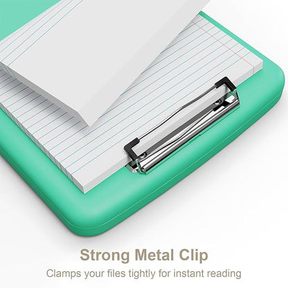 Piasoenc Clipboard with Storage, 8.5 x 11 Organization Box with Pen Holder and A4 Legal Paper Folder, Heavy Duty Plastic, Folio & Side-Opening, Low Profile Clip for Nurses, Teachers, Green
