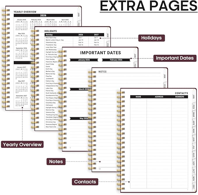 2026 Planner, Weekly and Monthly Calendar Planner, January 2026 - December 2026, Hardcover 2026 Calendar Planner Book with Tabs For Women & Men, Inner Pocket, Spiral Bound, Perfect for Office Home School Supplies - A5 (6.3" x 8.5"), Burgundy
