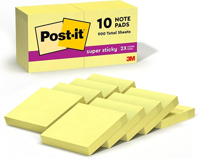 Post-it Super Sticky Notes, 10 Sticky Note Pads, 1.875 x 1.875 in., School Supplies, Office Products, Sticky Notes for Vertical Surfaces, Monitors, Walls and Windows, Canary Yellow