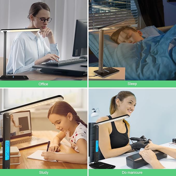 Desk Lamp with Wireless Charger, USB Charging Port, Dimmable Office Desk Light with Clock, Alarm, Date, Temperature, Foldable Lamp for Table Bedroom Bedside Office (Black)