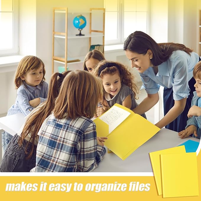 Gueevin 50 Pcs Plastic Folders with Pockets, Two Pocket Folder Fit Letter Size, Heavy Duty School Business Card Holder for Home Office School Bussiness, 11.61 x 9.45 Inches (Yellow)