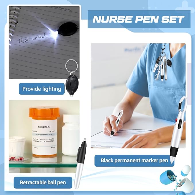 6 Pcs Nurse Pen Set Include Permanent Marker Pen Retractable Ballpoint Pen Keychain Clip Foldable Scissors Lights LED Flashlight Keychain for Nurse Accessories(Silver)