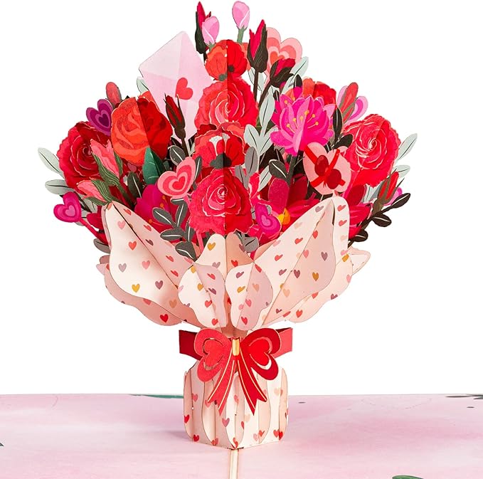 Paper Love 3D Pop Up Card, Love Flower Bouquet Pop-Up Cards, for Birthday, Anniversary, Mothers Day, Thank You, Get Well, All Occasion - 5" x 7" Cover - Includes Envelope and Note Tag