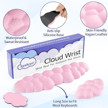 Cloud Wrist Rest Keyboard, Cloud Palm Rest Set with PU Leather Memory Foam, Cute Keyboard Rest for Wrist Support and Arm Rest, Desk Cloud Wrist Pad for PC/Gaming/Hand Cushion/Computer-Pink