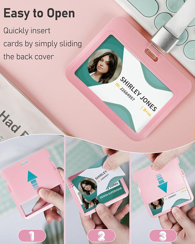 Uniclife 3 Pack Sliding ID Badge Holder Pink Horizontal Hard Plastic Case with Clear Window Card Protector Pouch for Office School ID Credit Cards Proximity Key Cards Driver’s Licenses and Passes