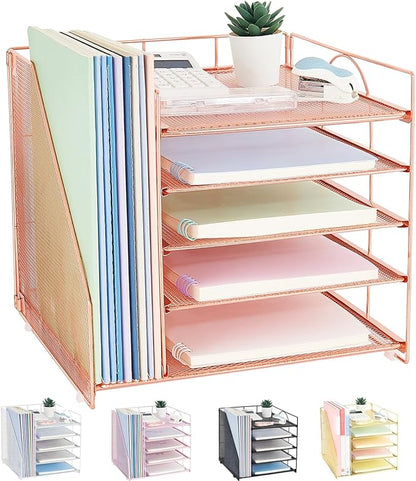 Desk Organizers and Accessories, 5-Tier Paper Letter Tray Organizer with File Holder, Desktop Organizer for Office Supplies, Office Desk Accessories & Workspace (Rose Gold)