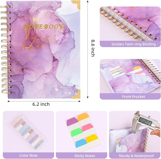 Spiral Notebooks for Work, 240 Pages Lined Spiral Journal Notebook, 5 Subject A5 College Ruled Journals for Writing, 8.6”x6.2''Journaling Notebooks for School Office Supplies(Purple Marble)
