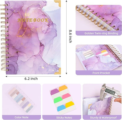 Spiral Notebooks for Work, 240 Pages Lined Spiral Journal Notebook, 5 Subject A5 College Ruled Journals for Writing, 8.6”x6.2''Journaling Notebooks for School Office Supplies(Purple Marble)