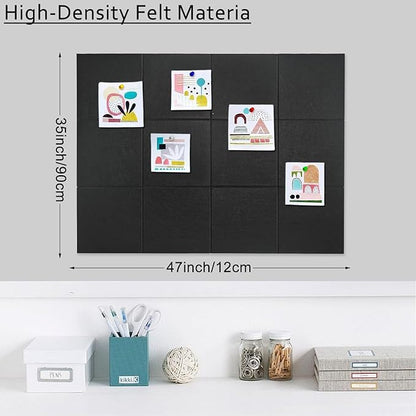 Large Cork Board Alternative for Walls, 47"x35" 12 Pack Felt Wall Tiles Bulletin Board with 30 Push Pins, Sticky Notes, Cork Boards for Office Pin Board Tack Board Felt Boards (Black)