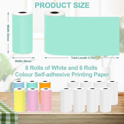 14 Rolls 53mmx28mm Thermal Printer Paper, Mini Colorful Self-adhesive Label Printer Paper for Phomemo Memoking Mini Printer, Small Printer T02/M02, Study Notes, Journal Photos (Multicolor)