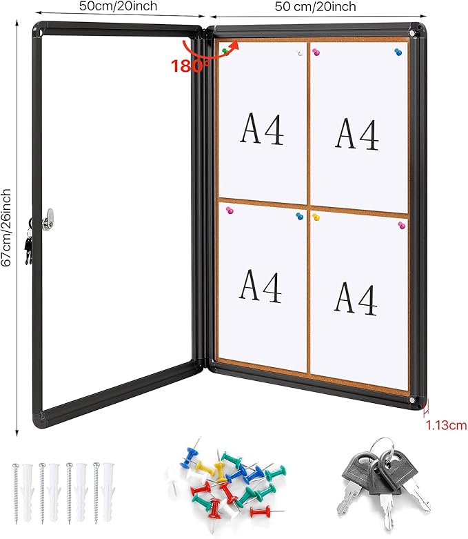 SWANCROWN Lockable Bulletin Board Notice Pin Cork Boards Tamper Proof Message Board for Photos Memos,26x20inch (4xA4)