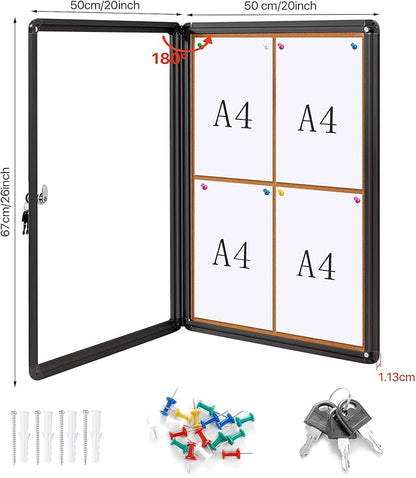 SWANCROWN Lockable Bulletin Board Notice Pin Cork Boards Tamper Proof Message Board for Photos Memos,26x20inch (4xA4)