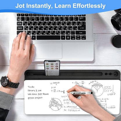 Desktop Glass Whiteboard with Storage, Desk White Board with Computer Keyboard Stand, White Dry Erase Board with Drawers for Home, School, Office Desk Organizers and Accessories