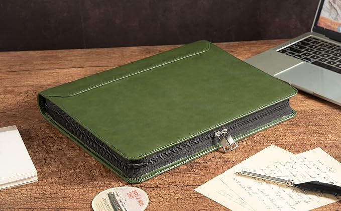 Free Engraved Name, 3 Ring Binder Padfolio, Vegan Leather Portfolio with a4 Clipboard, 3 Ring Padfolio A4 Organizer, Resume Planner, Green, Gift for Men/Women,Customized