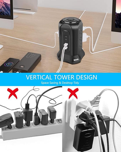 BEVA Tower Surge Protector Power Strip, Desk Charging Station with 9 AC Outlet and 4 USB Ports, 18AWG 6.5 FT Extension Cord, 3-Prong Flat Plug, Multiple Outlets for Office Dorm Apartment Essentials