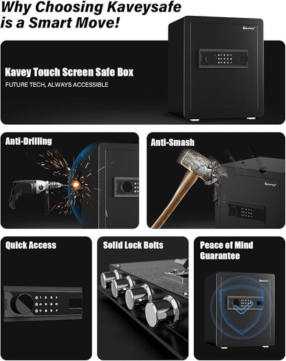 Kavey 2.0 Cub Safe Box, Home Safe with Backlit Touch Screen Keypad and Dual Alarm System, Money Safe With Mute Function and LED Light, Safe for Home Hotel Office