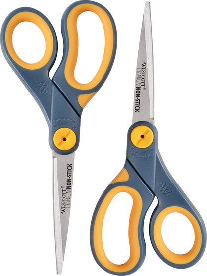 Westcott 8" Straight Titanium Bonded Non-Stick Scissors with Adjustable Glide Feature 2 Pack (16550), Grey/Yellow
