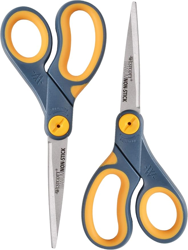 Westcott 8" Straight Titanium Bonded Non-Stick Scissors with Adjustable Glide Feature 2 Pack (16550), Grey/Yellow