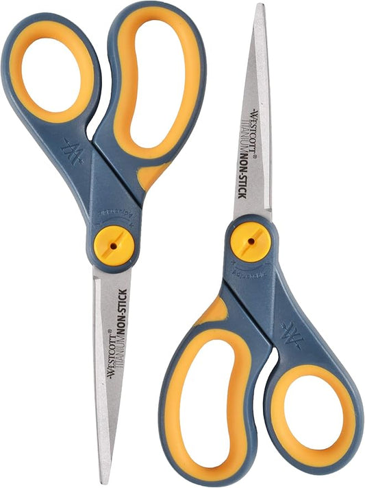 Westcott 8" Straight Titanium Bonded Non-Stick Scissors with Adjustable Glide Feature 2 Pack (16550), Grey/Yellow