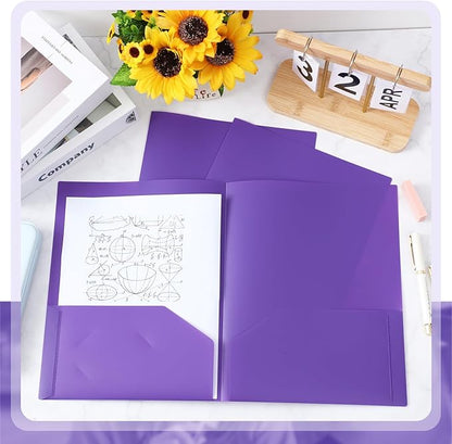 Gueevin 50 Pcs Plastic Folders with Pockets, Two Pocket Folder Fit Letter Size, Heavy Duty School Business Card Holder for Home Office School Bussiness, 11.61 x 9.45 Inches (Purple)