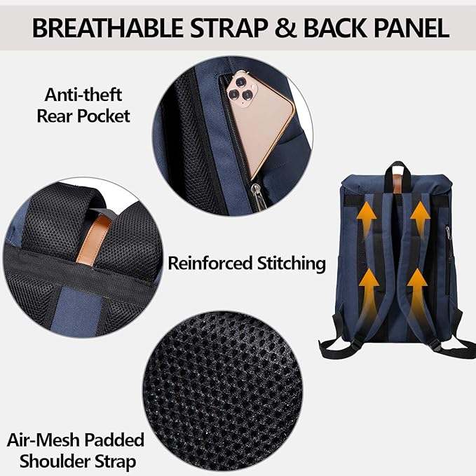 Kasqo Backpack for Men and Women, 15.6 Inch Laptop Backpack Large Capacity Water Resistant Drawstring Flap Bag College, Blue