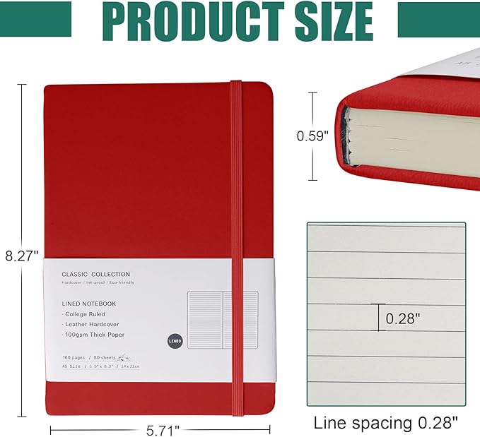 Lined Journal Notebook, 10Pack(Red), 160 Pages, Medium 5.7 inches x 8 inches - 100 gsm Thick Paper, Hardcover