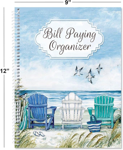 By The Sea Bill Paying Organizer Book - Personal Account book, 9" by 12 inch, Spiral-Bound, 14 Pockets, 32 Label Stickers, Bill Tracking