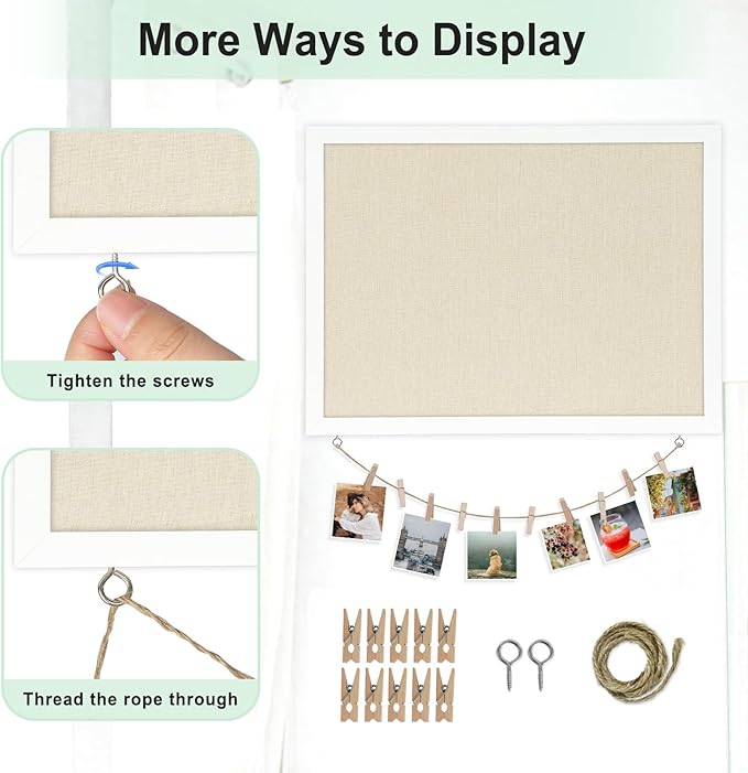 DOLLAR BOSS Cork Board Bulletin Board with Linen Double-Sided 36" x 24" Linen Corkboards for Walls Picture Display Vision Board for Office Home School Framed Picture Pin Board, 20 Pushpins 10 Clips