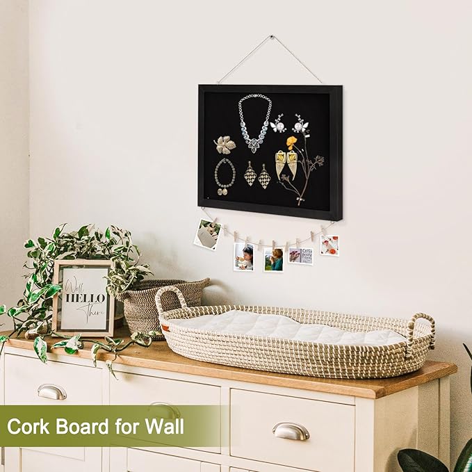 Double-Sided Black Cork Board with Linen, 16" x 12" Hanging Wood Framed Small Bulletin Board, Picture Display Vision Board Kit Corkboards for Wall Room School Office Decor, 20 Pushpins