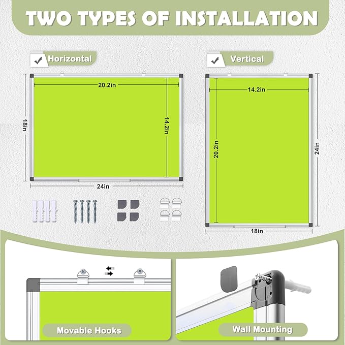 WALGLASS Magnetic Whiteboard 24"x18" Dry Erase White Board for Walls with Pen Tray, Aluminium Frame and Dry-Wipe Writing Surface for Kids' Drawing, Home, and Office (Green)
