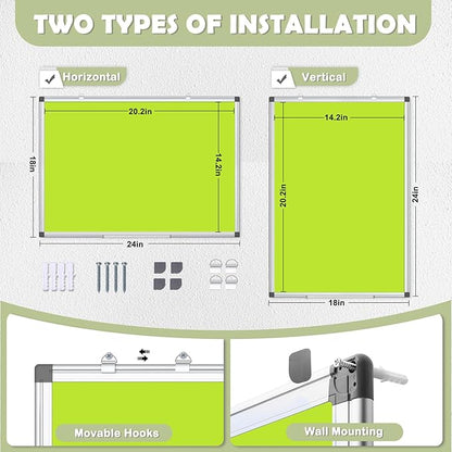 WALGLASS Magnetic Whiteboard 24"x18" Dry Erase White Board for Walls with Pen Tray, Aluminium Frame and Dry-Wipe Writing Surface for Kids' Drawing, Home, and Office (Green)