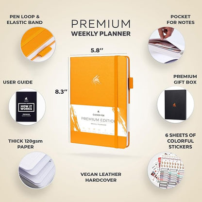 Clever Fox Planner Premium Edition – Undated Luxurious Weekly & Monthly Planner to Increase Productivity and Hit Your Goals – Organizer – Start Anytime, A5, Lasts 1 Year, Amber Yellow (Weekly)
