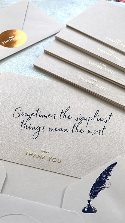 RUN2PRINT (36 Pack) Thank You Cards With Envelopes & Gift of 36 Foiled Stickers - Elegant Emboss Rose Gold Foil Pressed Blank Notes Wedding All Occasion Cards (Beige)