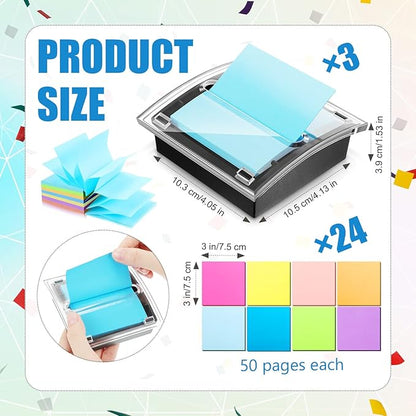 Meanplan 3 Pack Pop up Sticky Dispenser Post Note Holder Black Base with 24 Pads Colored Pop up Sticky Notes Memo Pads Blank Self Stick 3x3 Refills Back to School Office Supplies, 50 Sheet Per Pad